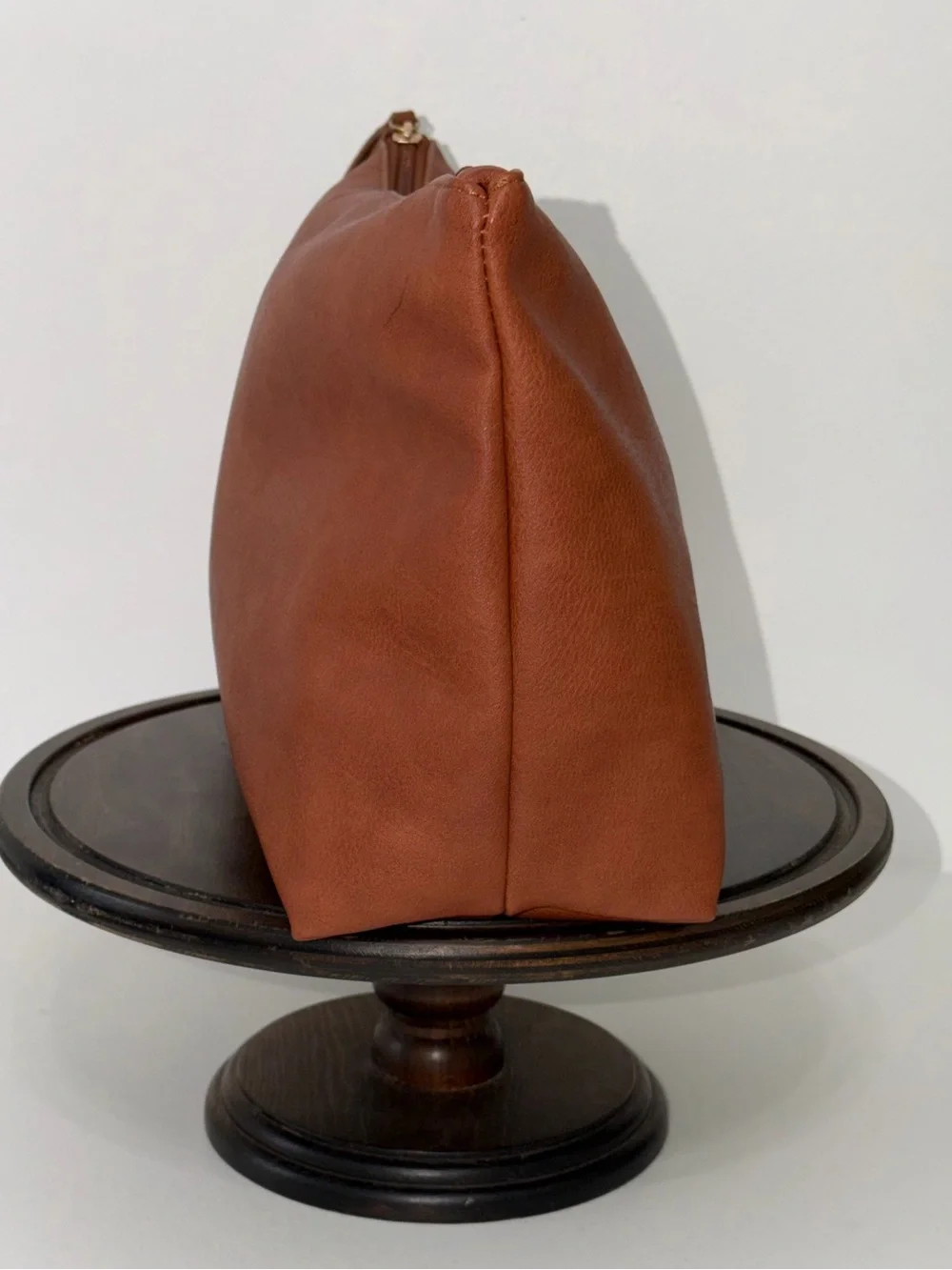 Sasha + Sofi Cognac Brown Faux Leather Pouch Clutch Zip Bag Speckled Lining